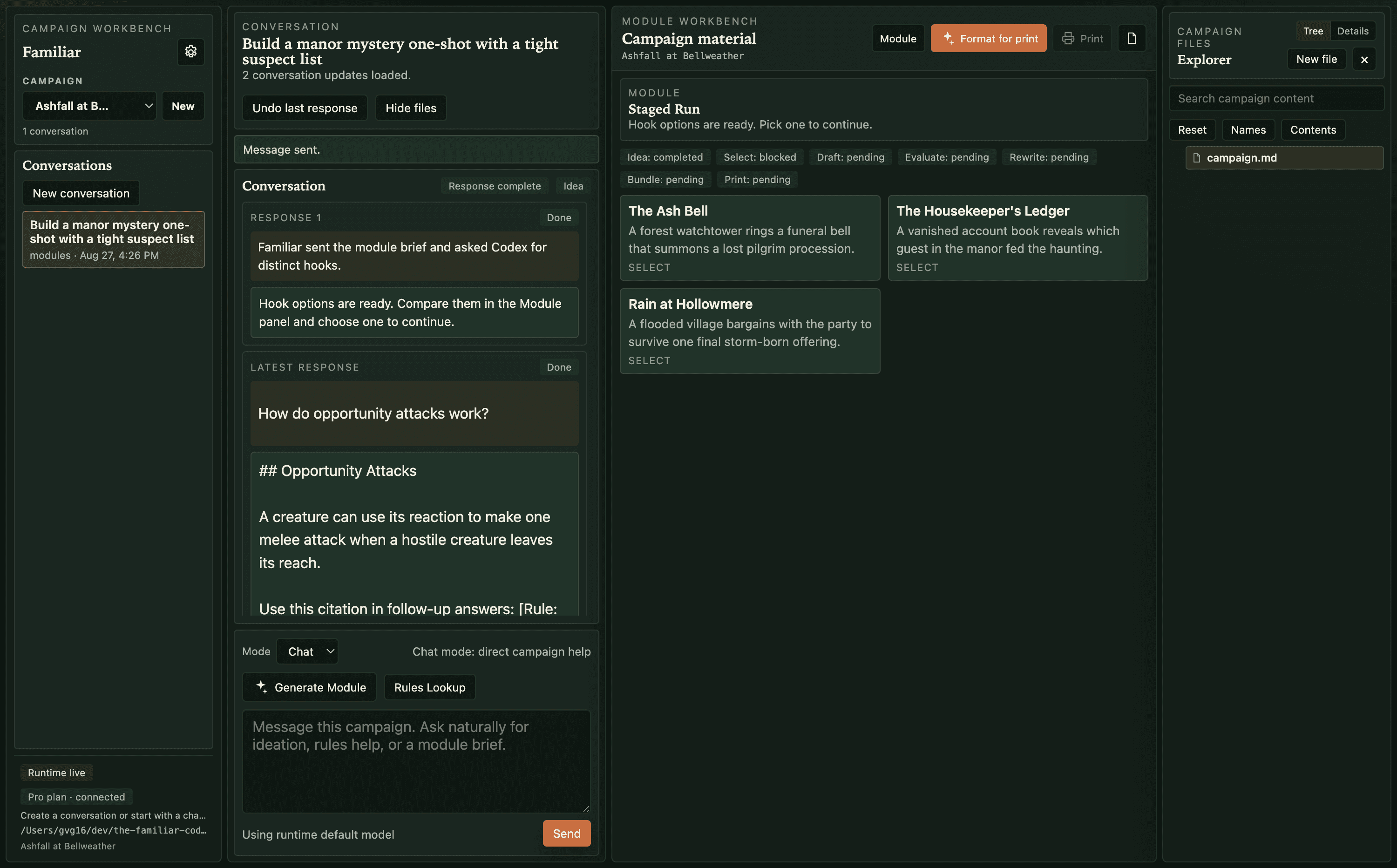 Familiar desktop showing generated campaign files and rules references