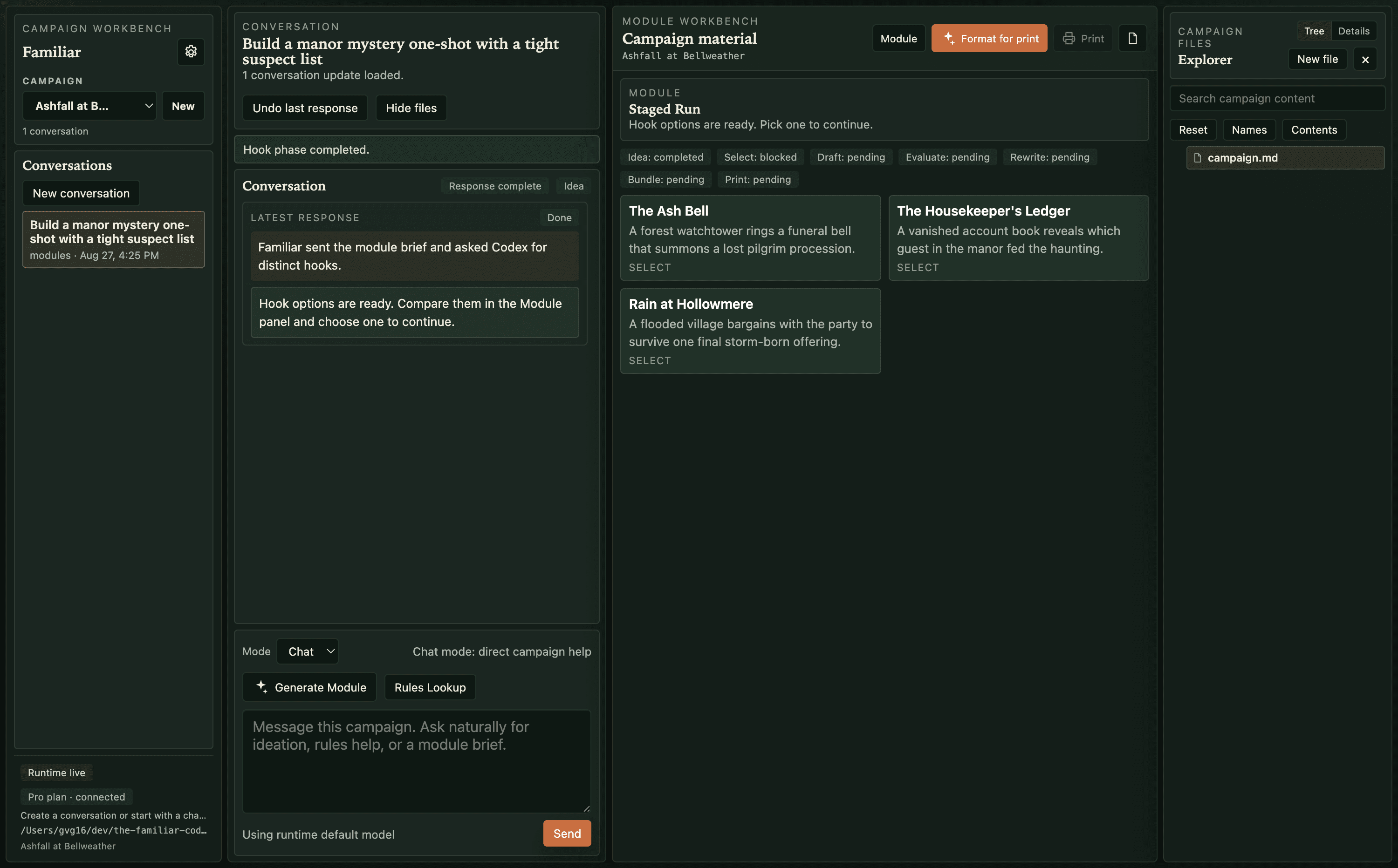 Familiar desktop showing three module hooks waiting for the game master's choice