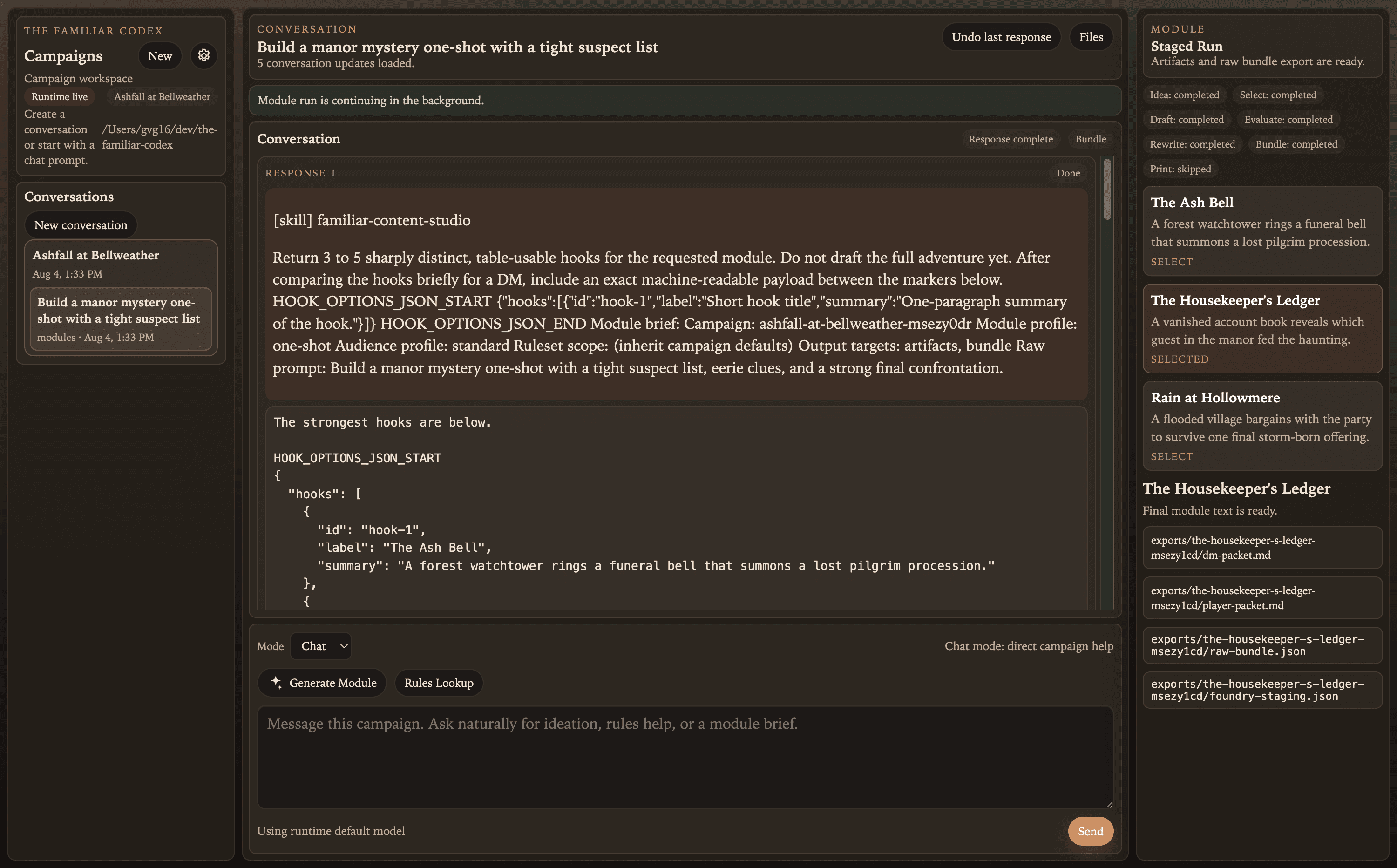 Familiar desktop showing a completed adventure module workflow
